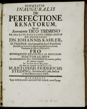 Disputatio Inauguralis De Perfectione Renatorum