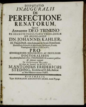 Disputatio Inauguralis De Perfectione Renatorum