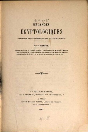 Mélanges Égyptologiques : comprenant onze dissertations sur différents sujets, 1