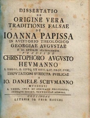 Dissertatio de origine vera traditionis falsae de Ioanna Papissa