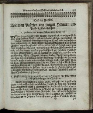 Das 19. Capitel. Wie man Pasteten von jungen Hühnern und Tauben zubereiten soll.