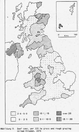 Beef cows, per 100 ha grass and rough grazing: United Kingdom 1970