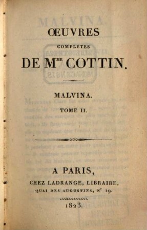 Oeuvres complètes de Mme Cottin. 5, Malvina; 2