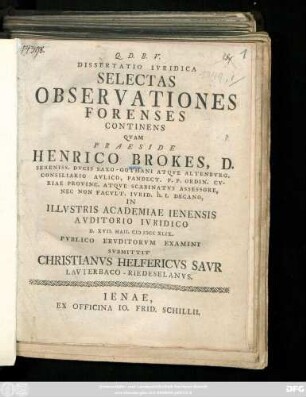 Dissertatio Ivridica Selectas Observationes Forenses Continens