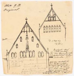 St. Laurentius, Rudersdorf bei Wilnsdorf: Detailskizze (eines Giebels?) mit Variante und Kommentaren (zu Rudersdorf?)