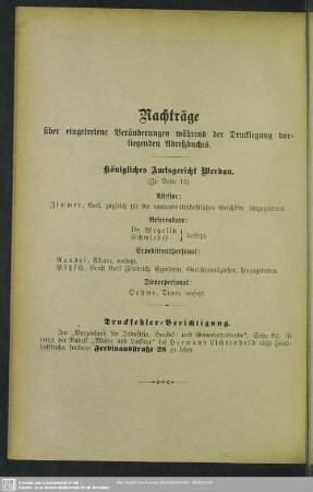 Nachträge über eingetretene Veränderungen während der Drucklegung vorliegenden Adreßbuches