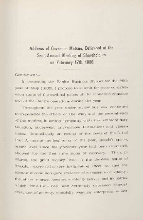 Address of Governor Matsuo, delivered at the Semi-Annual Meeting of Shareholders on February 17th, 1906