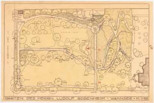 Garten Rosenheim, Berlin-Wannsee: Grundriss der Gartenanlage mit Höhen- und Pflanzenangaben 1:100