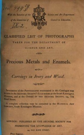 Classified List of Photographs, taken for the Department of Science and Art, 2