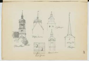 Dorfkirche, Mecklar. Kirchturm, Wohlsborn. St. Michaeliskirche, Hedemünden. Kirchturm, Bücken: Ansichten (aus: Skizzen- und Fotoalbum 23)