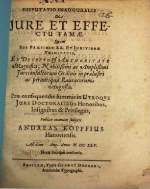 Disp. inaug. de iure et effectu famae