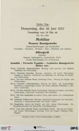 Mobiliar, Neueres Kunstgewerbe, Silbergerät, Gemälde / Persische Teppiche / Asiatisches Kunstgewerbe / Bücher usw. (Nr. 785-1056)