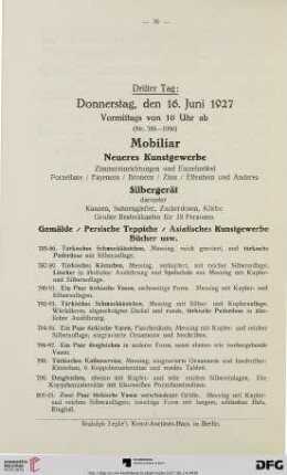 Mobiliar, Neueres Kunstgewerbe, Silbergerät, Gemälde / Persische Teppiche / Asiatisches Kunstgewerbe / Bücher usw. (Nr. 785-1056)