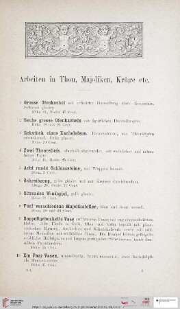 Arbeiten in Thon, Majoliken, Krüge (Nr. 1 - 74)