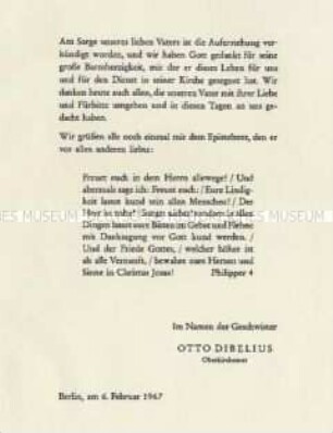 Gedenkblatt für einen Verstorbenen mit einem Text von Otto Dibelius