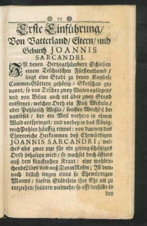 Erste Einführung / Von Vatterland / Eltern / und Geburth Joannis Sacandri