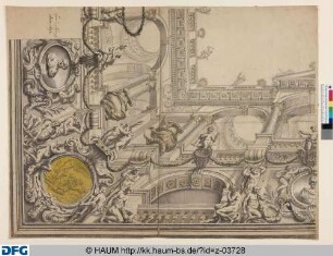 Braunschweig: Teilentwurf eines quadratischen Deckengemäldes mit zweigeschossiger nach oben offener Scheinarchitektur mit Arkadenbögen, in ornamentverzierter Rahmung goldgefasstes Medaillon mit Diana und Endymion