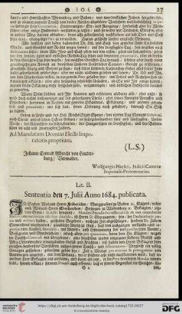 Lit. B. Sententia den 7.Julii Anno 1684. publicata