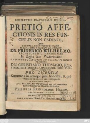 Dissertatio Inauguralis Juridica De Pretio Affectionis In Res Fungibiles Non Cadente