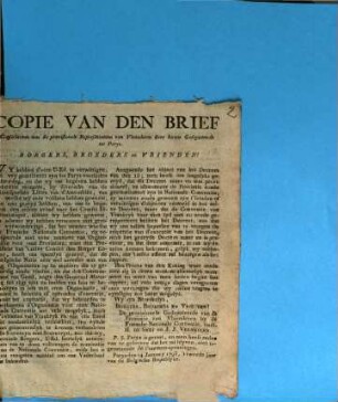 Copie van den brief geschreyen aen de provisionele Representanten van Vlaenderen door hunne Gedeputeerde tot Parys