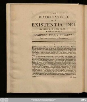 Dissertatio II. De Existentia Dei. Habita Est Disputatio, Respondente Dominico Vial A Bonneval Gratianopolitano-Genevensi.