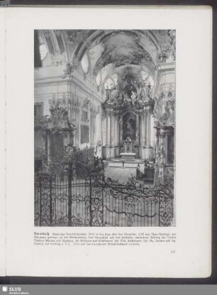 Amorbach. Ehemalige Benediktinerabtei. Blick in den Chor über das Chorgitter, 1748 von Marx Gattinger aus Würzburg gefertigt, zu den Seitenaltären, dem Chorgestühl und dem Hochaltar, meisterhafte Arbeiten des Malers Mathias Günther aus Augsburg, der Bildhauer und Stukkatoren Joh. Mich. Feichtmeyer, Joh. Gg. Übelherr und Jos. Lindtner aus Limburg a. d. L.