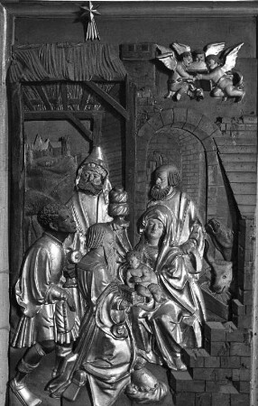 Flügelaltar : Flügelaltar. Holz, geschnitzt, gefaßt (um 1520/1525). Anbetung des Christuskindes durch die Heiligen drei Könige. Sankt Andrä (Wolfsberg)-Maria Rojach, Pfarrkirche