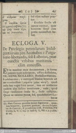 Ecloga V. De Privilegio petendarum Indulgentiarum pro Animabus e Purgatorio liberandis, soli Lubecae, prae cunctis urbibus maritimis, olim concesso