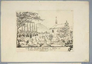 Die Seume-Kapelle (mit Grabmal des deutschen Dichters Johann Gottfried Seume) auf der Straße "Lipová" in Teplitze (heute Teplice in Tschechien), Teil einer Reihe böhmischer Stadt- und Landschaftsansichen bei F. R. Naumann um 1830