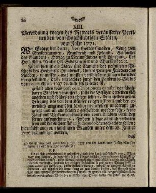 XIII. Verordnung wegen des Retracts veräusserter Pertinention von schatzpflichtigen Stäten, vom Jahr 1771