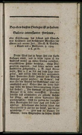 Bey eben diesem Verleger ist zu haben: Gallerie interessanter Personen, [...]