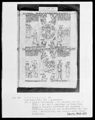 Armenbibel — Bildseite mit zwei Gruppen von typologischen Szenen, Folio 5recto