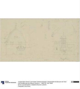 Darmstadt, Dreihäusergruppe, Skizzenblatt mit Aufrissen der West und Nordfassade des Blauen Hauses sowie mehreren Details