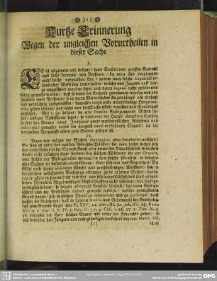 Kurtze Erinnerung Wegen der ungleichen Vorurtheilen in dieser Sache