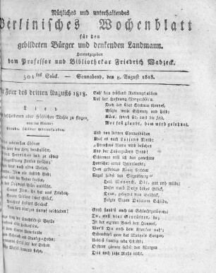501tes Stück, Sonnabend den 8. August 1818