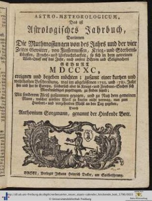 Astro-Meteorologicum, Das ist Astrologisches Jahrbuch.
