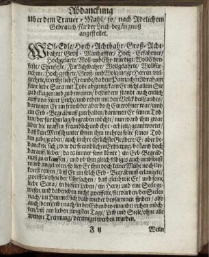 Abdanckung Uber dem Trauer-Mahl/ so/ nach Adelichem Gebrauch/ für der Leich-begängnuß angestellet.