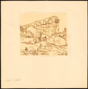 Römische Wasserleitung, Jouy-aux-Arches: Perspektivische Ansicht des Aquäduktes wie Inv.Nr. 44274, hier mit Staffage, nach IIllustrirte Zeitung, 1872, 1500