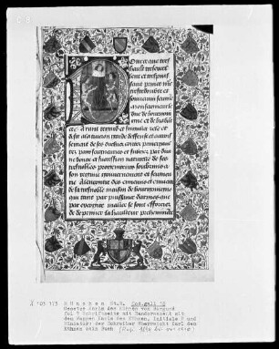 Gesetze Karls des Kühnen von Burgund — Initiale D und Miniatur: der Schreiber überreicht Karl dem Kühnen sein Buch; Vollbordüre