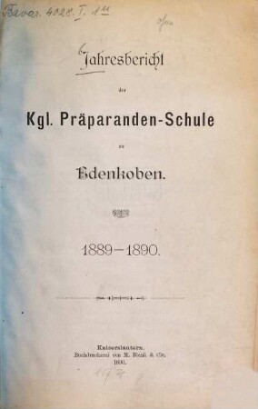 Jahresbericht der Präparandenschule zu Edenkoben. 1889/90
