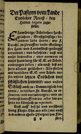 Der Pastorn vom Lande Endlicher Receß/ den Herren Legatis zugestellet.
