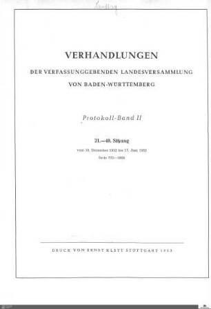 2: Verfassunggebende Landesversammlung Baden-Württemberg, Protokolle, 1952-1953, Bd. 2