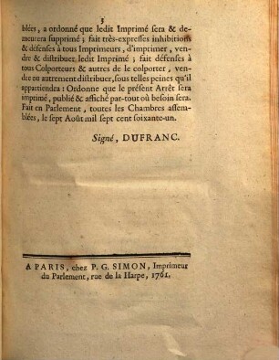 Arrest De La Cour De Parlement, Qui supprime un Imprimé, intitulé: Arrêtés de la Cour de Parlement du 6 Août 1761. : Extrait Des Registres Du Parlement. Du sept Août 1761.