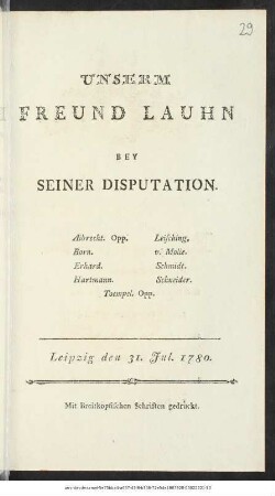 Unserm Freund Lauhn Bey Seiner Disputation