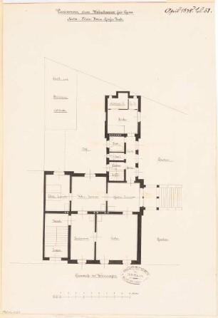 Villa, Gera Monatskonkurrenz April 1878: Grundriss Erdgeschoss (= Obergeschoss); Maßstabsleiste