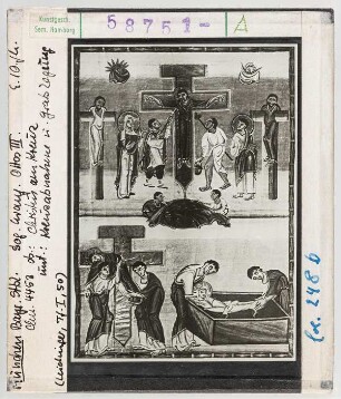 München, Staatsbibliothek: Clm 4453, sog. Evangeliar Ottos III., fol. 248b: Kreuzabnahme, Grablegung