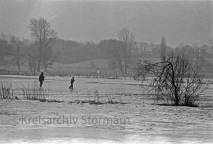Travewiesen: links zwei Schlittschuhläufer auf Eisfläche: rechts Busch: dahinter Knicklandschaft: Winter