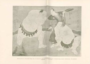 Shunsho: Zwei berühmte Ringer; hinten der Schiedsrichter (gioji) mit dem Blattfächer (toushiwa). Lendentücher grau und grün. Fussboden grau. Grund graubraun. Doppelblatt. Samml. Vever, Paris