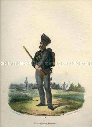 Uniformdarstellung, Schütze des Garde-Schützen-Bataillons, Preußen 1830. Aus: Elzholz u.a.: Das Preussische Heer. Tafel 9.