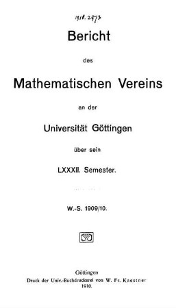 82.1909/10: Bericht des Mathematischen Vereins an der Universität Göttingen